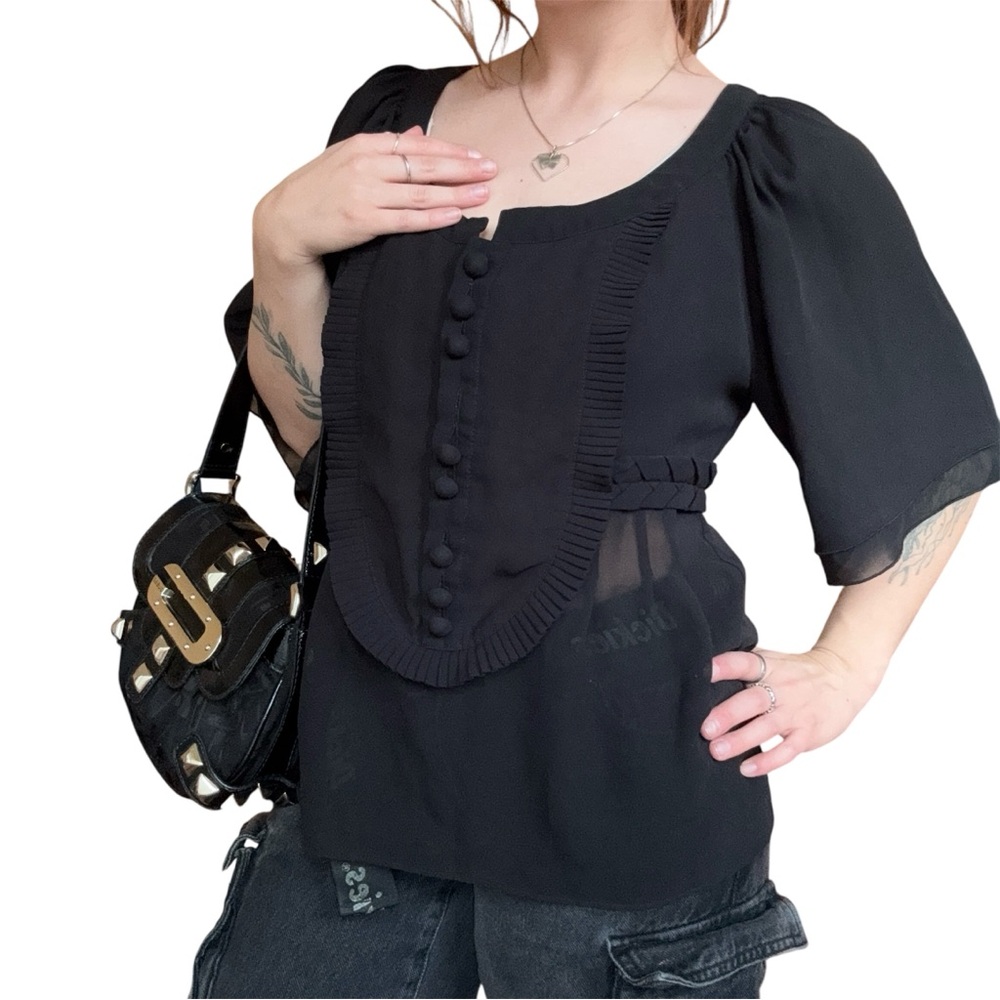 Vertigo Paris Black Flowy Polychiffron Blouse Classic Dark Whimsy Goth Mesh